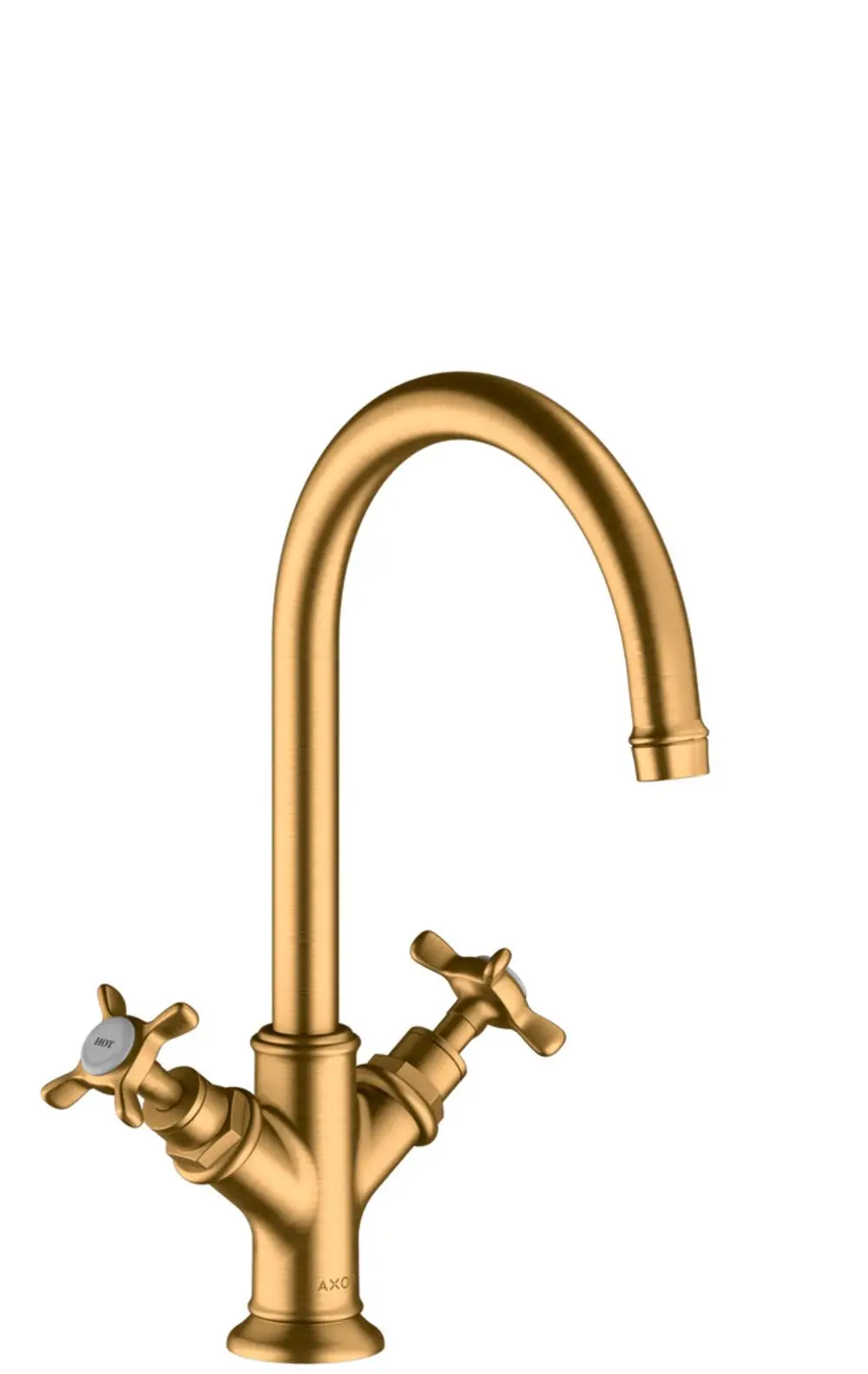 Waschtischarmatur von AXOR mit zwei Kreuzgriffen und einem geschwungenen Auslauf in Brushed Gold Optik. Die Armatur ist für den Einsatz an einem Waschbecken geeignet.